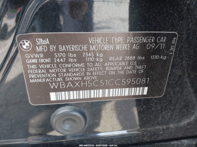 Aukcja sprzedaży 2012 Bmw 528i Xdrive, vin: WBAXH5C51CC595081, numer aukcji: 44822310