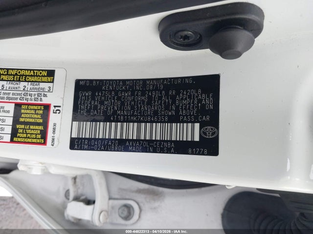 Aukcja sprzedaży 2019 Toyota Camry Le, vin: 4T1B11HK7KU846358, numer aukcji: 44822313