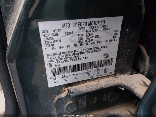 44822316 :رقم المزاد ، 1FTSW20R28EA61544 vin ، 2008 Ford F-250 Lariat مزاد بيع