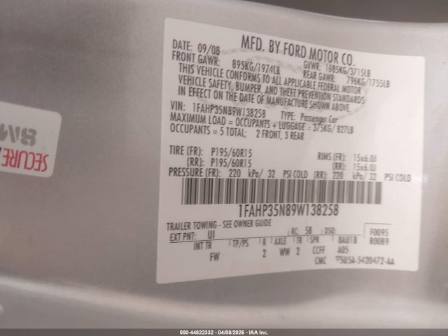 Aukcja sprzedaży 2009 Ford Focus Se, vin: 1FAHP35N89W138258, numer aukcji: 44822332