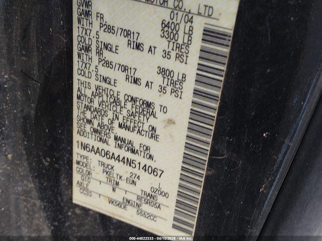 44822333 :رقم المزاد ، 1N6AA06A44N514067 vin ، 2004 Nissan Titan Se مزاد بيع