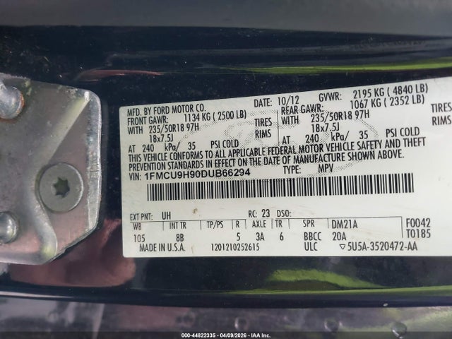 44822335 :رقم المزاد ، 1FMCU9H90DUB66294 vin ، 2013 Ford Escape Sel مزاد بيع