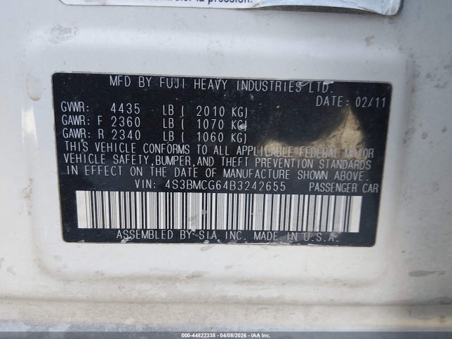 44822338 :رقم المزاد ، 4S3BMCG64B3242655 vin ، 2011 Subaru Legacy 2.5i Premium مزاد بيع
