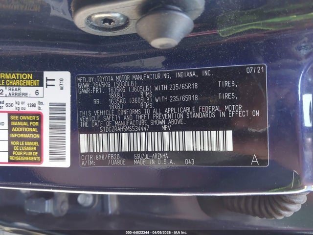Продаж на аукціоні авто 2021 Toyota Highlander L, vin: 5TDCZRAH5MS534447, номер лоту: 44822344