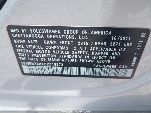 Продаж на аукціоні авто 2012 Volkswagen Passat 2.5l Se, vin: 1VWBH7A3XCC018573, номер лоту: 44822350
