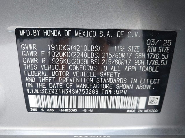 2025 Honda Hr-v 2wd Lx მანქანა იყიდება აუქციონზე, vin: 3CZRZ1H34SM753266, აუქციონის ნომერი: 44822351