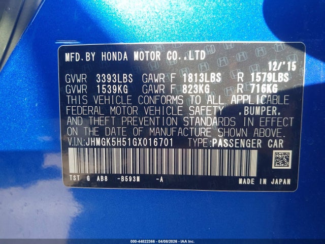 2016 HONDA FIT JHMGK5H51GX016701 Photo 8