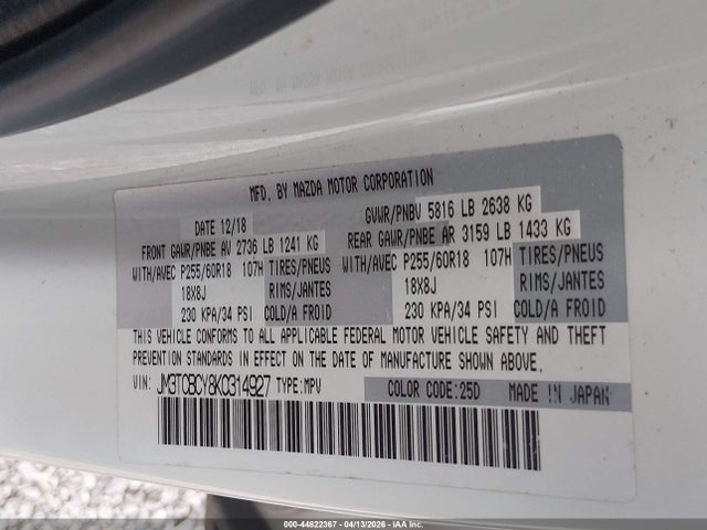 Продажа на аукционе авто 2019 Mazda Cx-9 Touring, vin: JM3TCBCY8K0314927, номер лота: 44822367