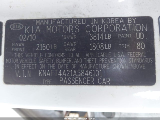 Aukcja sprzedaży 2010 Kia Forte Lx, vin: KNAFT4A21A5846101, numer aukcji: 44822368