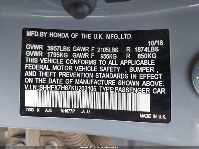 44822370 :رقم المزاد ، SHHFK7H67KU203105 vin ، 2019 Honda Civic Ex مزاد بيع
