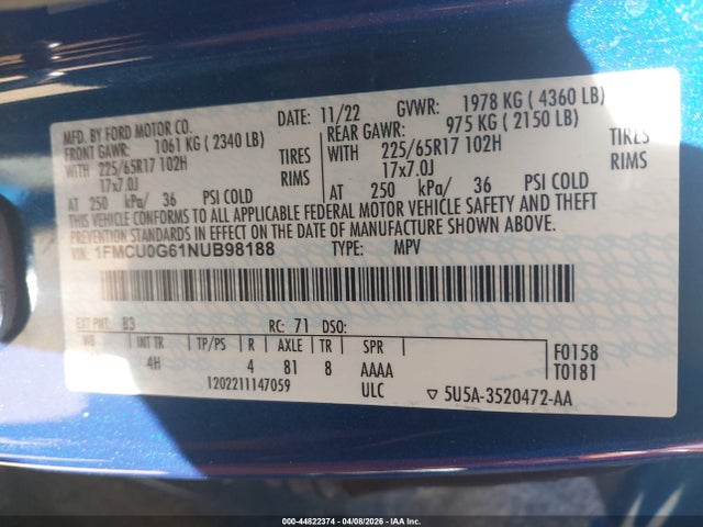 Продаж на аукціоні авто 2022 Ford Escape Se, vin: 1FMCU0G61NUB98188, номер лоту: 44822374