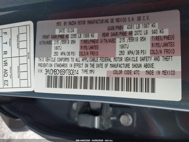 44822380 :رقم المزاد ، 3MVDMBCM8SM780814 vin ، 2025 Mazda Cx-30 2.5 S Carbon Edition مزاد بيع