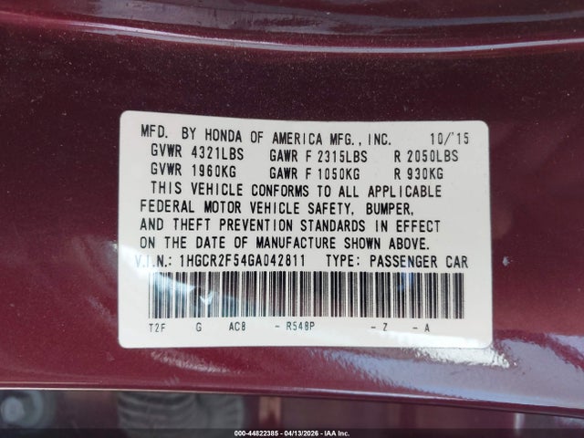 1HGCR2F54GA042811 Honda Accord Sport