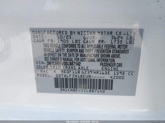 Aukcja sprzedaży 2025 Nissan Versa 1.6 Sv, vin: 3N1CN8EV0SL887142, numer aukcji: 44822404
