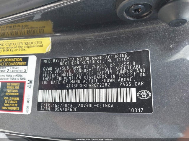 2010 Toyota Camry Le მანქანა იყიდება აუქციონზე, vin: 4T4BF3EK0AR072282, აუქციონის ნომერი: 44822417