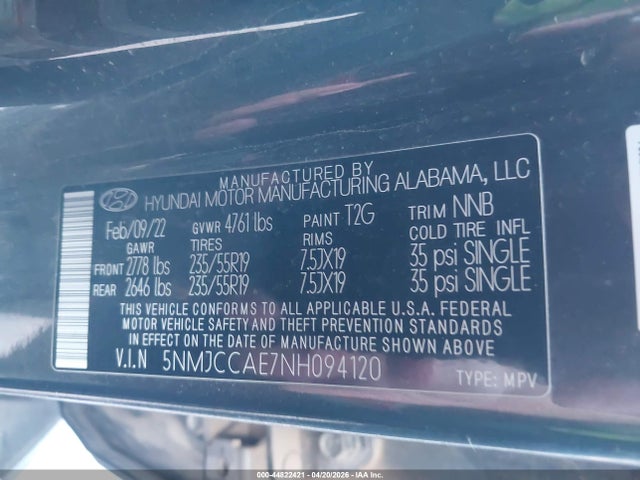 5NMJCCAE7NH094120 Hyundai TUCSON SEL