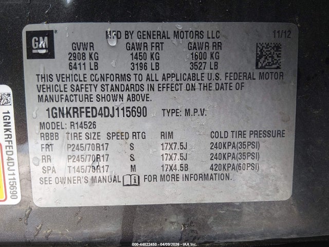 Aukcja sprzedaży 2013 Chevrolet Traverse Ls, vin: 1GNKRFED4DJ115690, numer aukcji: 44822450