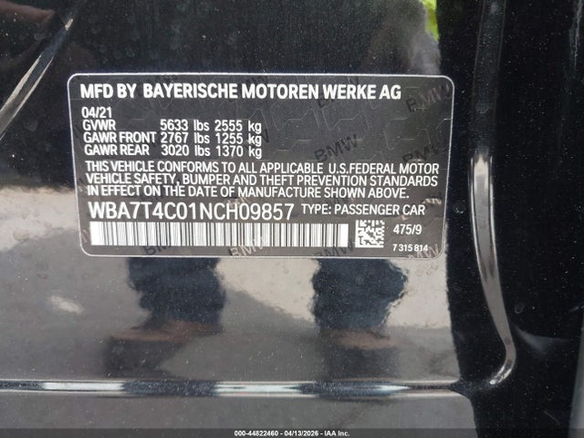2022 Bmw 740 I Xdrive მანქანა იყიდება აუქციონზე, vin: WBA7T4C01NCH09857, აუქციონის ნომერი: 44822460
