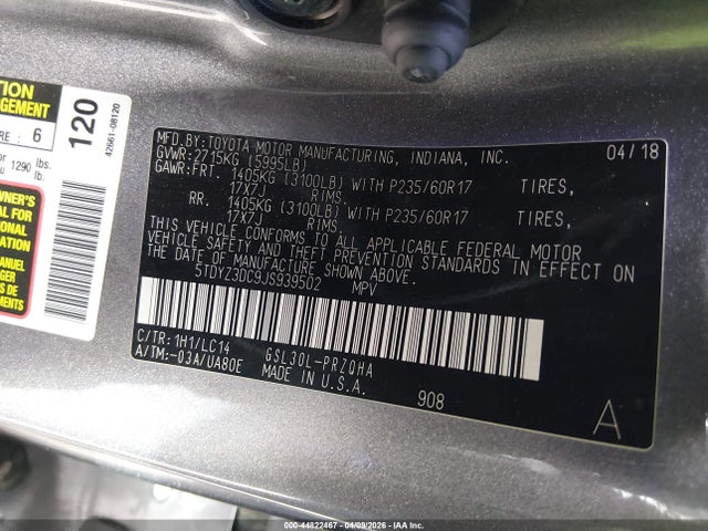 Aukcja sprzedaży 2018 Toyota Sienna Xle 8 Passenger, vin: 5TDYZ3DC9JS939502, numer aukcji: 44822467