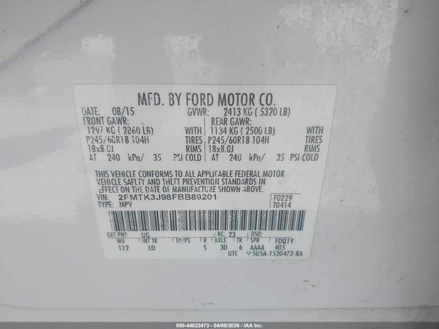 44822473 :رقم المزاد ، 2FMTK3J98FBB89201 vin ، 2015 Ford Edge Sel مزاد بيع