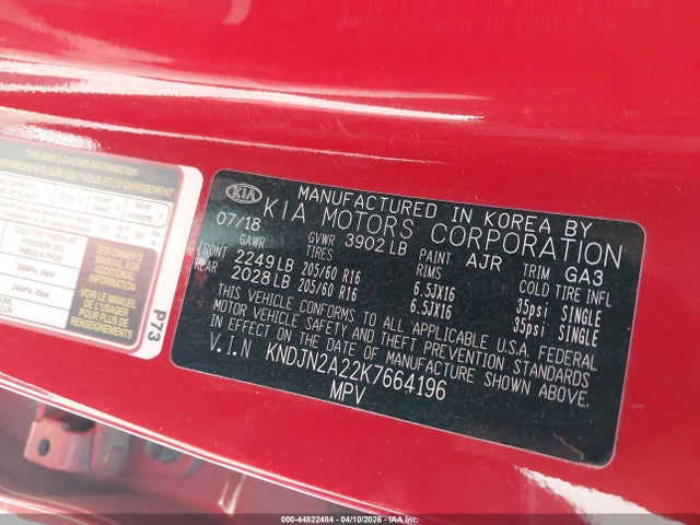 44822484 :رقم المزاد ، KNDJN2A22K7664196 vin ، 2019 Kia Soul مزاد بيع