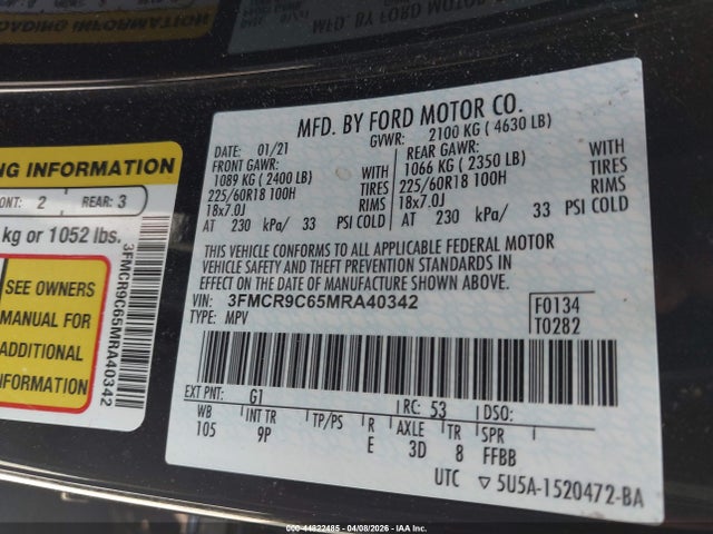 44822485 :رقم المزاد ، 3FMCR9C65MRA40342 vin ، 2021 Ford Bronco Sport Outer Banks مزاد بيع