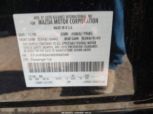 44822512 :رقم المزاد ، 1YVHP82A095M42046 vin ، 2009 Mazda Mazda6 I Touring مزاد بيع