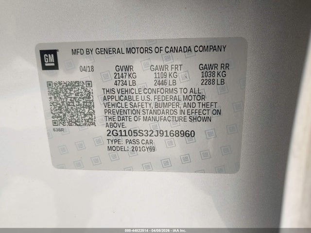44822514 :رقم المزاد ، 2G1105S32J9168960 vin ، 2018 Chevrolet Impala 1lt مزاد بيع