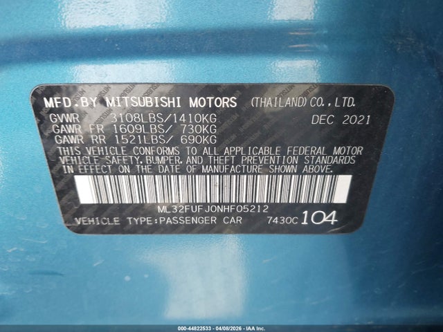 Aukcja sprzedaży 2022 Mitsubishi Mirage G4 Black Edition/es/le, vin: ML32FUFJ0NHF05212, numer aukcji: 44822533