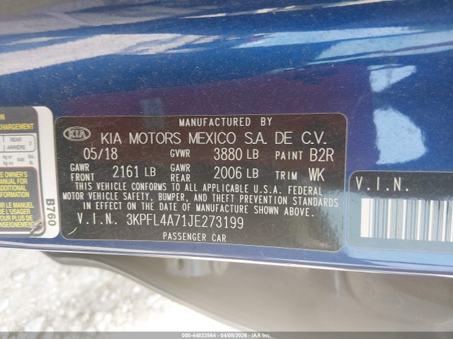2018 Kia Forte Lx მანქანა იყიდება აუქციონზე, vin: 3KPFL4A71JE273199, აუქციონის ნომერი: 44822564
