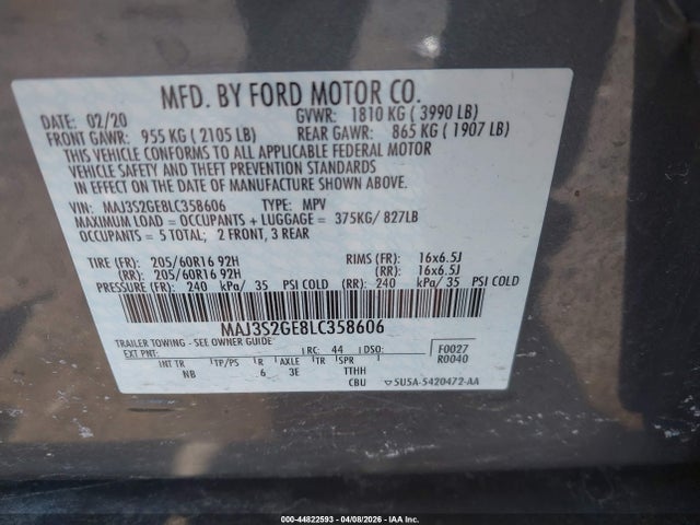 Aukcja sprzedaży 2020 Ford Ecosport Se, vin: MAJ3S2GE8LC358606, numer aukcji: 44822593