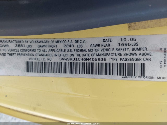 Продаж на аукціоні авто 2006 Volkswagen New Beetle Tdi, vin: 3VWSR31C46M405936, номер лоту: 44822604
