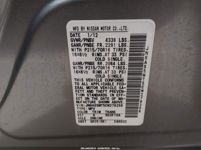 44822610 :رقم المزاد ، JN8AS5MT5CW279256 vin ، 2012 Nissan Rogue S مزاد بيع