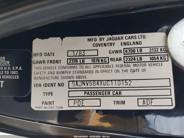 Продаж на аукціоні авто 1983 Jaguar Xjs, vin: SAJNV584XDC110152, номер лоту: 44822628