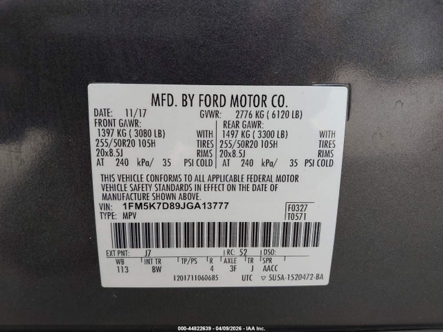 2018 Ford Explorer Xlt მანქანა იყიდება აუქციონზე, vin: 1FM5K7D89JGA13777, აუქციონის ნომერი: 44822639