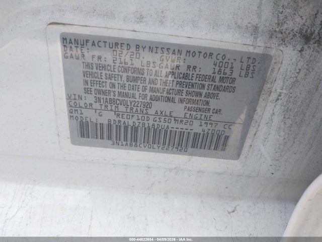 44822654 :رقم المزاد ، 3N1AB8CV0LY227920 vin ، 2020 Nissan Sentra Sv Xtronic Cvt مزاد بيع