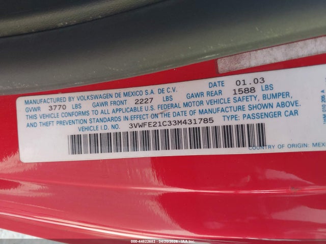 44822683 :رقم المزاد ، 3VWFE21C33M431785 vin ، 2003 Volkswagen New Beetle Turbo S مزاد بيع