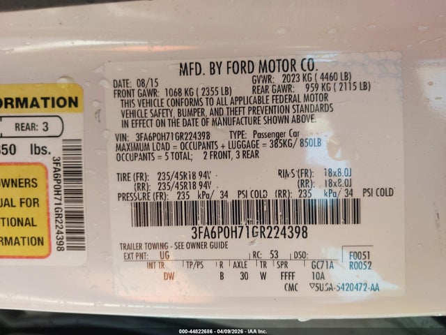 Продажа на аукционе авто 2016 Ford Fusion Se, vin: 3FA6P0H71GR224398, номер лота: 44822686
