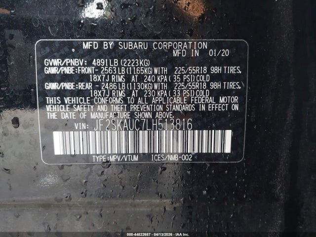 Продажа на аукционе авто 2020 Subaru Forester Limited, vin: JF2SKAUC7LH513816, номер лота: 44822687