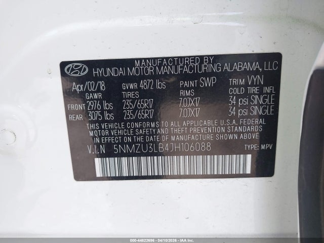 44822696 :رقم المزاد ، 5NMZU3LB4JH106088 vin ، 2018 Hyundai Santa Fe Sport 2.4l مزاد بيع