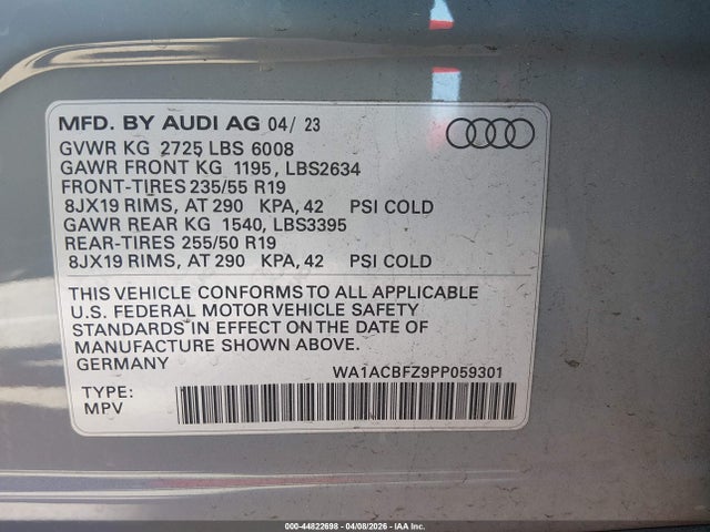 44822698 :رقم المزاد ، WA1ACBFZ9PP059301 vin ، 2023 Audi Q4 E-tron Premium 40 Rwd مزاد بيع