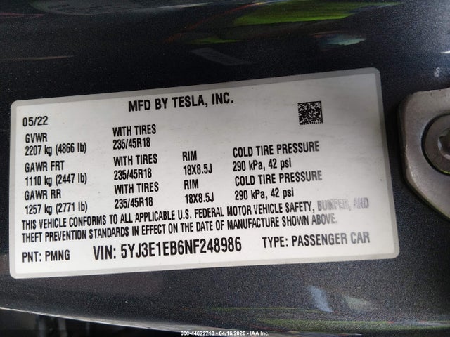 Продаж на аукціоні авто 2022 Tesla Model 3 Long Range Dual Motor All-wheel Drive, vin: 5YJ3E1EB6NF248986, номер лоту: 44822713