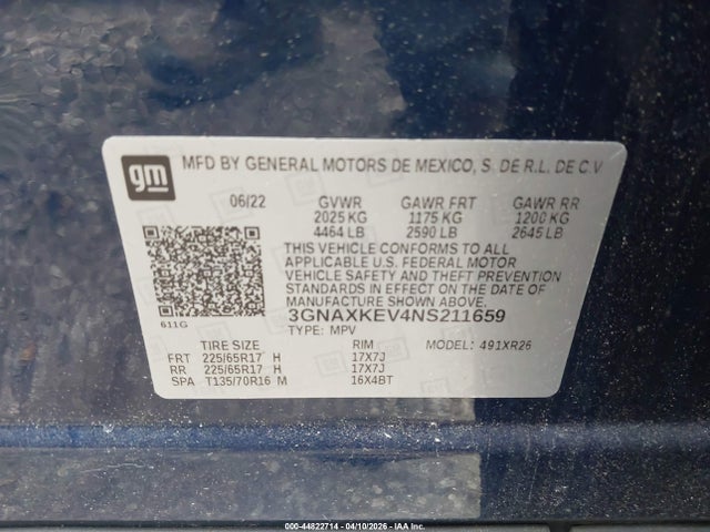 Продажа на аукционе авто 2022 Chevrolet Equinox Fwd Lt, vin: 3GNAXKEV4NS211659, номер лота: 44822714