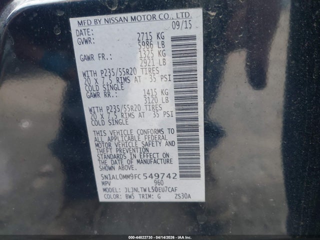 44822730 :رقم المزاد ، 5N1AL0MM9FC549742 vin ، 2015 Infiniti Qx60 مزاد بيع