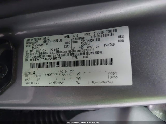 2020 Ford F-150 Lariat მანქანა იყიდება აუქციონზე, vin: 1FTEW1E51LFA46209, აუქციონის ნომერი: 44822731