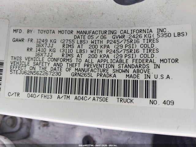 2006 TOYOTA TACOMA 5TEJU62N56Z267230 Photo 8