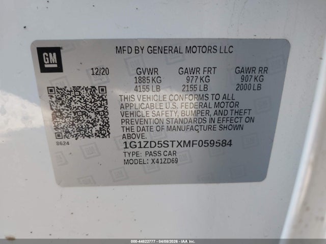 1G1ZD5STXMF059584 Chevrolet Malibu Fwd Lt