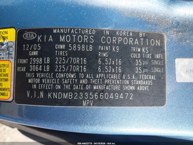 44822778 :رقم المزاد ، KNDMB233566049472 vin ، 2006 Kia Sedona Ex/lx مزاد بيع