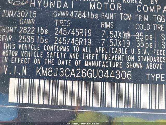 44822812 :رقم المزاد ، KM8J3CA26GU044306 vin ، 2016 Hyundai Tucson Sport مزاد بيع