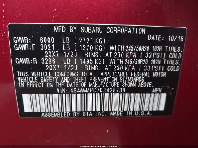 Продаж на аукціоні авто 2019 Subaru Ascent Limited, vin: 4S4WMAPD7K3428738, номер лоту: 44822818